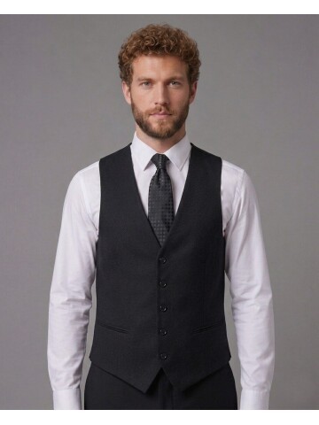 Siyah Sivri Yaka Çift Düğmeli Slim Fit Yelekli Takım Elbise