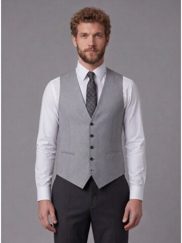 Siyah Sivri Yaka Çift Düğmeli Slim Fit Yelekli Takım Elbise