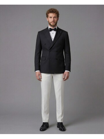 Black Peak Lapel Double-Breasted Blazer & White Trousers Combination Suit