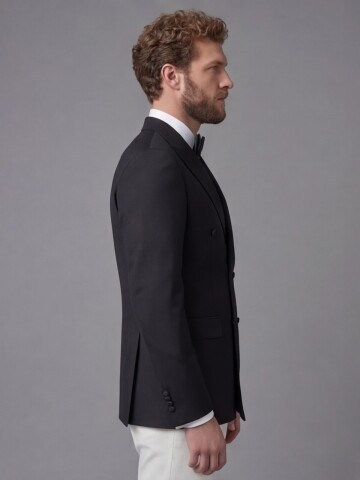 Black Peak Lapel Double-Breasted Blazer & White Trousers Combination Suit