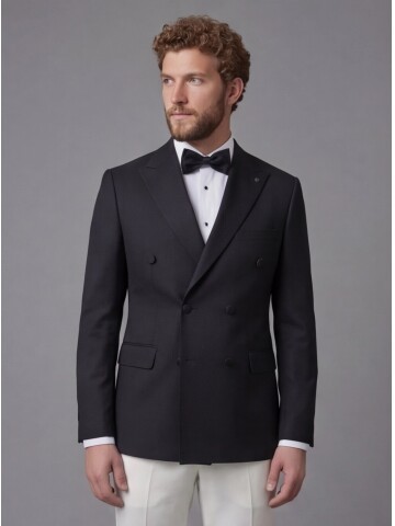 Black Peak Lapel Double-Breasted Blazer & White Trousers Combination Suit