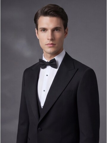 Siyah Sivri Yaka Slim Fit Tek Düğmeli Damatlık