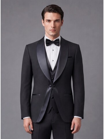 Black Slim Fit Shawl Lapel Tuxedo with Chain Button