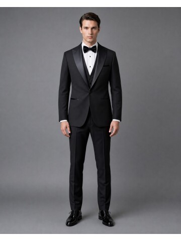 Siyah Slim Fit Sivri Yaka Tek Düğme Damatlık