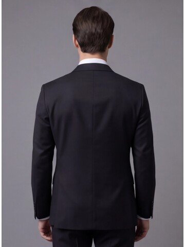 Siyah Yünlü Mono Yaka Comfort Fit Takım Elbise