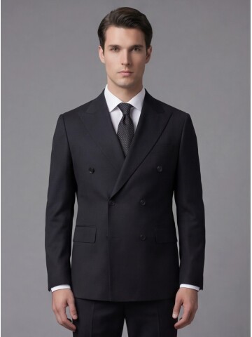 Siyah Yünlü Sivri Yaka Kruvaze Comfort Fit Takım Elbise