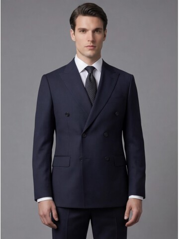 Siyah Yünlü Sivri Yaka Kruvaze Regular Fit 6 Düğme Takım Elbise