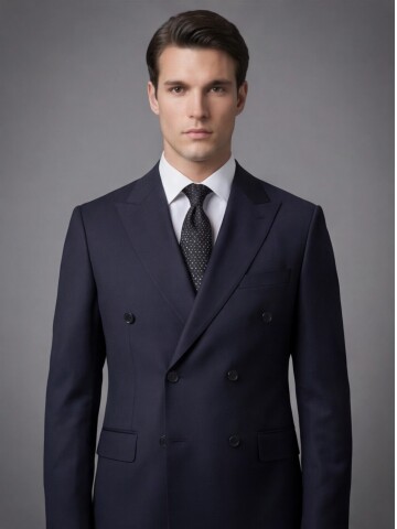 Siyah Yünlü Sivri Yaka Kruvaze Regular Fit 6 Düğme Takım Elbise