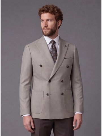 Taş Kruvaze Ceket Koyu Kahverengi Pantolon Kombinli Slim Fit Takım Elbise