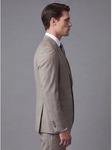 Taş Rengi Çizgili Yünlü Mono Yaka Regular Fit Takım Elbise