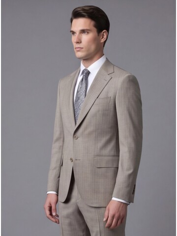 Taş Rengi Çizgili Yünlü Mono Yaka Regular Fit Takım Elbise