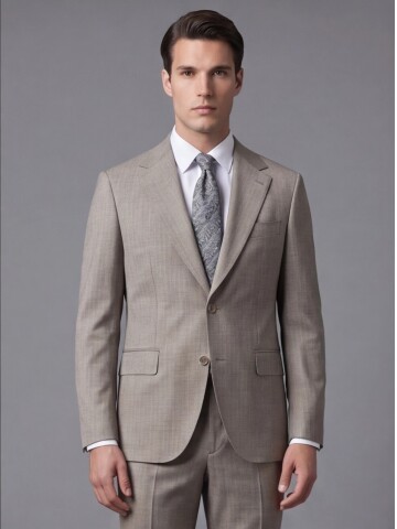 Taş Rengi Çizgili Yünlü Mono Yaka Regular Fit Takım Elbise