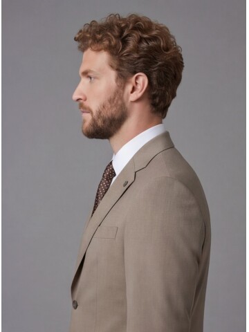 Taş Rengi Mono Yaka Slim Fit 2 Düğme Takım Elbise