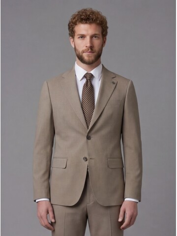 Taş Rengi Mono Yaka Slim Fit 2 Düğme Takım Elbise