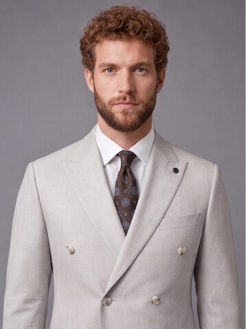 Stone Colored Peak Lapel Double Breasted Suit