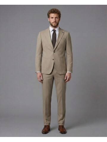 Taş Rengi Sivri Yaka Slim Fit 2 Düğme Torba Cep Takım Elbise