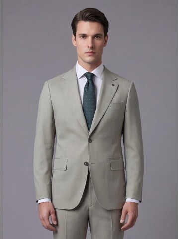 Taş Rengi Yünlü Mono Yaka Comfort Fit Takım Elbise