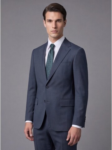 Yeşil Çizgili Yünlü Mono Yaka Regular Fit Takım Elbise