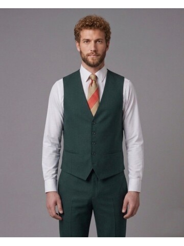 Yeşil Sivri Yaka Çift Düğmeli Slim Fit Yelekli Takım Elbise