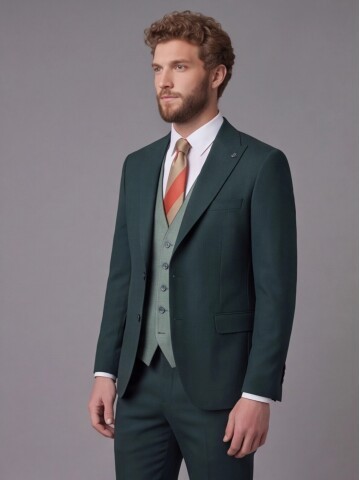 Yeşil Sivri Yaka Çift Düğmeli Slim Fit Yelekli Takım Elbise