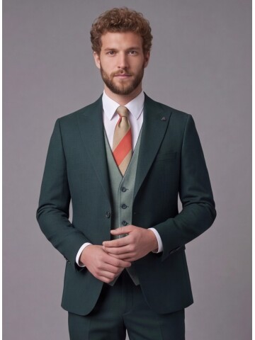 Yeşil Sivri Yaka Çift Düğmeli Slim Fit Yelekli Takım Elbise